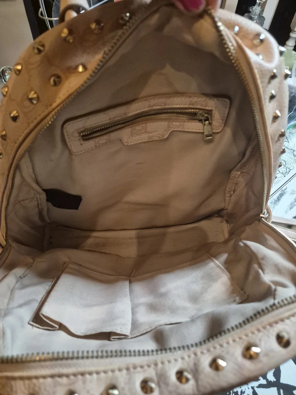 bebe Pale Pink Studded Logo Backpack